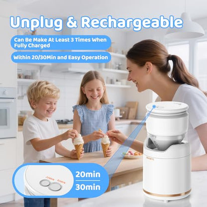 BRIOBITE Ice Cream Maker Machine,Quiet,Rechargeable,1–2 Servings,White