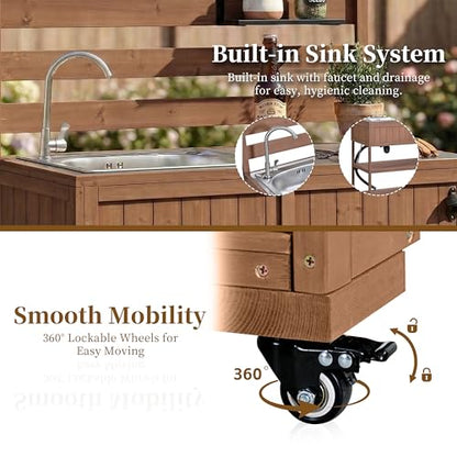 LUMISOL Outdoor Rolling Kitchen Cart with Sink and 2 Movable Shelves, Potting Bench Table with Stainless Table Top, 41.7'' Large Solid Wood Garden Workstation with 1 Bottle Opener, Brown