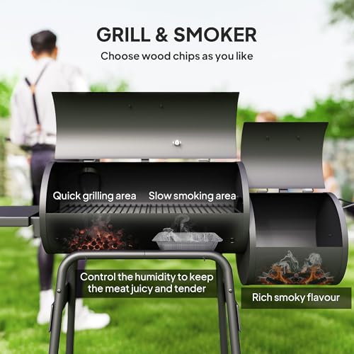 Outsunny Charcoal Grill with Offset Smoker, 231 Sq.In. Cooking Area, Barrel BBQ Grill and Smoker Combo with Side Tables, Shelf, Thermometer, Wheels for Outdoor Patio Backyard Party Event Gathering