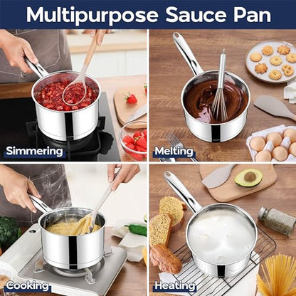 LIANYU 1 Quart Stainless Steel Saucepan, Small Sauce Pan with Lid, Tri-Ply Bottom Multipurpose Pot for Cooking, Straight Side, Dishwasher Safe, Compatible with All Cooktops