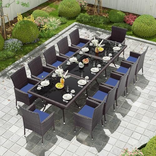 Kullavik 15 Pieces Outdoor Dining Set Patio Rattan Furniture Set,Patio Dining Table and Chairs Set with 12 Chairs and Cushions,Square Glass Tabletop with Umbrella Hole for Patio,Backyard,Navy Blue