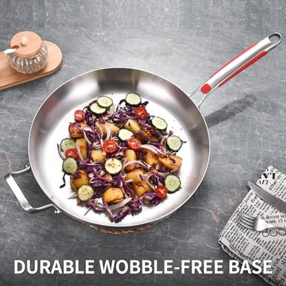 Inqibee 14-Inch Tri-Ply Stainless Steel Large Skillet with Lid,Large Frying Pan with Helper Handle,Jumbo Cooker,Induction Pan,Heavy Duty and Dishwasher Safe