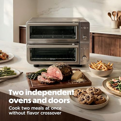 Ninja Double Oven Pro Smart XL Countertop Oven & Air Fryer | 30.2 Qt Capacity |12-in-1 Versatility with Smart Finish & DualZone Tech to Cook 2 Meals at Once | Fit up to 4.5lb Chicken | Silver | DCT821