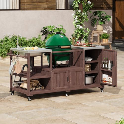 TEVUTEVU 75.4" Outdoor Kitchen Island with Sink, Solid Wood Grill Cart, Rolling BBQ Prep Station with Stainless Steel Top, Towel Rack & Spice Rack, BBQ Cart (Grills NOT Included) (Brown, 75.4 inch)