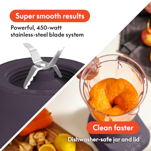 bella 10 Speed Countertop Blender, Juicer & Smoothie Maker, Fits-anywhere™ Kitchenware, Slim Flip & Store Design, Dishwasher Safe 48oz Capacity Pitcher & Lid, Stainless Steel Blade, 450 Watt, Plum