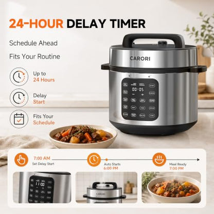 CARORI 8Qt Electric Pressure Cooker, 9-in-1 Multifunction, IMD Touchscreen, Non-Stick Pot. 1200W for Instant Feast. Olla de Presion (Ollas). Safe Venting.Rice,Slow,Steamer, Sauté, Warmer, Silver