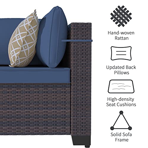 ASJMR Outdoor Patio Furniture Set with Gas Fire Pit Table, 8 Pieces Outdoor Furniture Set Patio Sectional Sofa w/43in Propane Fire Pit, PE Wicker Rattan Patio Conversation Sets (Dark Blue)