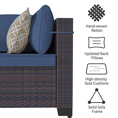 ASJMR Outdoor Patio Furniture Set with Gas Fire Pit Table, 8 Pieces Outdoor Furniture Set Patio Sectional Sofa w/43in Propane Fire Pit, PE Wicker Rattan Patio Conversation Sets (Dark Blue)