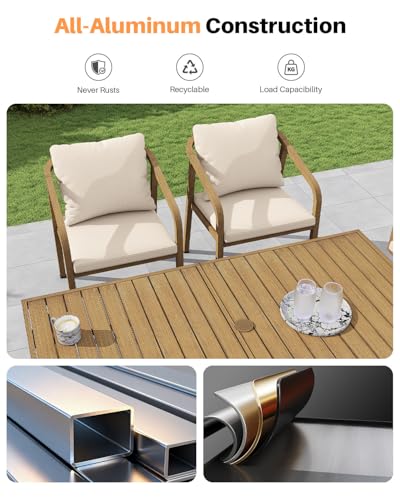 SEEHILL 7-Piece Patio Dining Set, Never-Rust Aluminum Outdoor Dining Set for 6, Rectangular Outdoor Table and Chairs Set with Washable Cushions, Patio Furniture Set for Poolside, Deck, Backyard, Teak