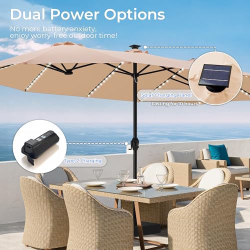SUPERJARE 15ft Large Patio Umbrella with Base included, Double Sided Outdoor Umbrella with Solar Lights, Pool Umbrella with Fade Resistant Canopy for Deck, Porch, Yard, Balcony, Beige