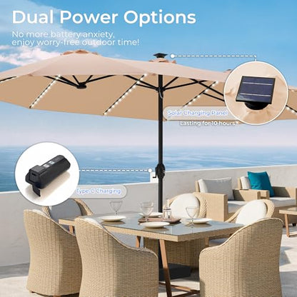 SUPERJARE 15ft Large Patio Umbrella with Base included, Double Sided Outdoor Umbrella with Solar Lights, Pool Umbrella with Fade Resistant Canopy for Deck, Porch, Yard, Balcony, Beige