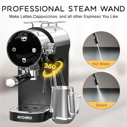 AYCHIRO 20 Bar Espresso Coffee Machine, Touchscreen Espresso Coffee Maker for Home, Cappuccino Maker with Removable Water Tank, Modern Black Design, Black