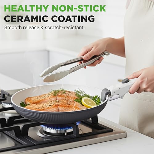 NutriChef 18-Piece Ceramic Cookware Set with Detachable Handles, Non Stick Pots and Pans, PTFE-Free Natural Ceramic Coating, Space-Saving Design, Oven & Stove Safe, Includes Utensils