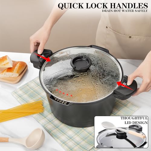 5qt Pasta Pot with Strainer Lid, Cast Aluminum Stockpot Multipot, Nonstick Ceramic Coating make Cleanup easy with Tempered Glass Lid, Dishwasher Safe, Induction, Black