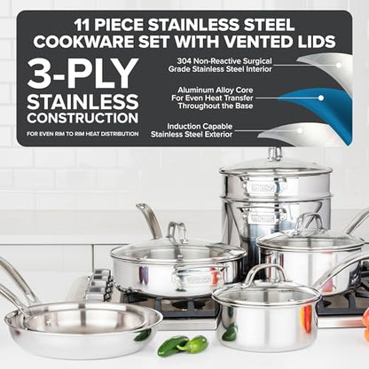 Viking 3-Ply Stainless Steel 11-Piece Cookware Set with Vented Glass Lids, Fry Pans, Saucepans, Saute Pan, Stock Pot with Strainer Insert, Oven Safe up to 600F