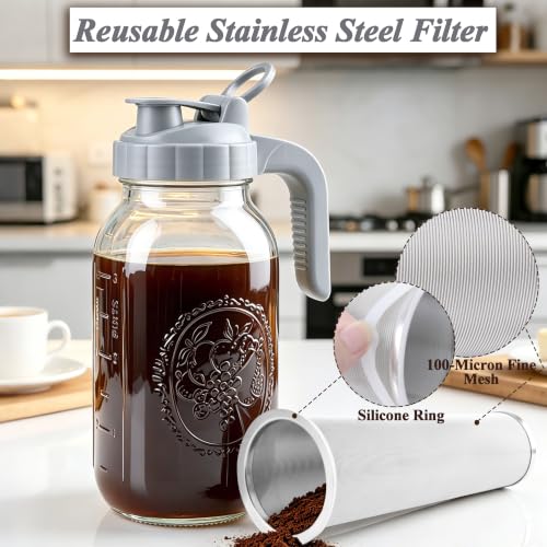 Cold Brew Coffee Maker 64oz Mason Jar Pitcher with Stainless Steel Filter