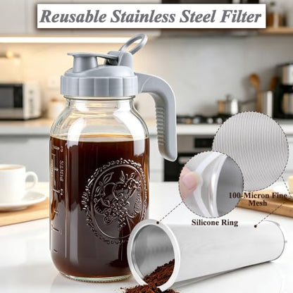 Cold Brew Coffee Maker 64oz Mason Jar Pitcher with Stainless Steel Filter