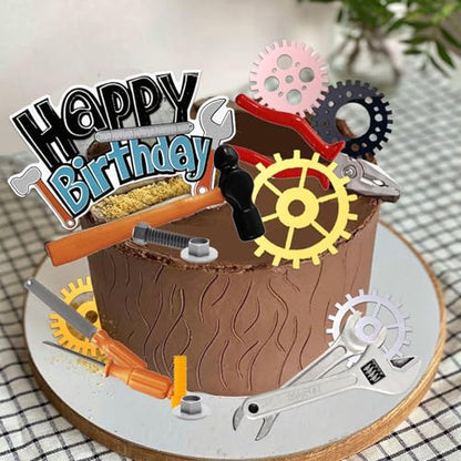 UFROMSKY 23pcs Tools Cake Toppers Toolbox Gear Wrench Hammer Drill Plier Cake Decorations with Happy Birthday Topper, for Boys Screwdrivers Themed Party Supplies