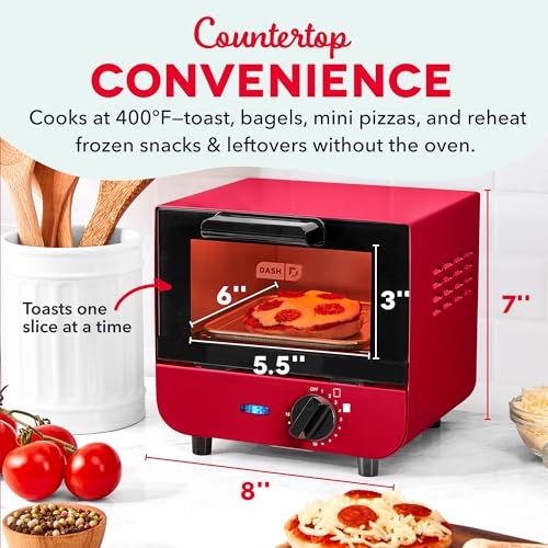 Dash Mini Toaster Oven | Small Toaster Oven for Dorms, Apartments, & Small Kitchens, Adjustable Timer Dial with Auto Shutoff, Removable Cooking Tray & Crumb Catch, Red