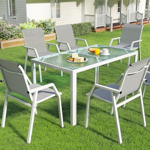 Jocoevol 7 Piece Patio Dining Sets for 6, Outdoor Table and Chairs Set with 59in Patio Dining Table and 6pcs Textilene Chairs, All Weather Furniture Set for Backyard Deck Garden