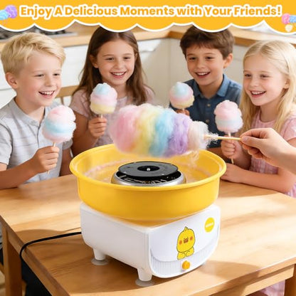 Cotton Candy Machine for Kids & Family, Mini Yellow Duck Electric Cotton Candy Maker with 11 Sticks & Sugar Scoop, Cute Cartoon Design for Birthday Christmas Party Gifts