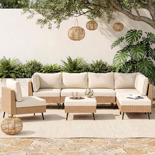 EO Living 8-Piece Patio Furniture Set, Outdoor Sectional Sofa PE Rattan Outdoor Patio Furniture with Thick Cushions, All Weather Patio Conversation Sets for Garden, Poolside, Backyard(Beige)