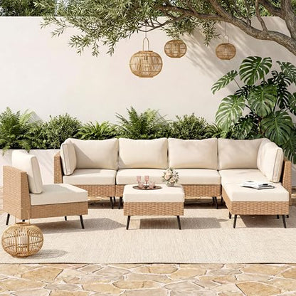 EO Living 8-Piece Patio Furniture Set, Outdoor Sectional Sofa PE Rattan Outdoor Patio Furniture with Thick Cushions, All Weather Patio Conversation Sets for Garden, Poolside, Backyard(Beige)