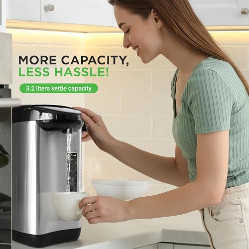 NutriChef Hot Water Urn Pot Insulated Stainless Steel,Auto & Manual Dispense,Auto Boiler,Safety Lock Shutoff 3.38 QT /3.2L - Auto Boiler Shut Off - PKWK43