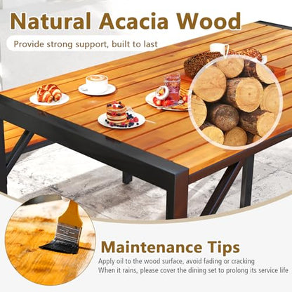 Tangkula 3-Pieces Patio Dining Set for 4 People, Outdoor Picnic Table & 2 Benches, 44" Acacia Wood Dining Table w/Metal Frame, Space-Saving Dinette Set for Garden Porch Poolside Yard Balcony