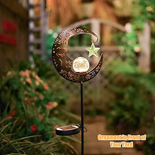 Hapjoy Solar Lights Outdoor Decor Moon Lantern for Patio,Lawn or Pathway Moon Decorations Crackle Glass Globe Stake Metal Lights Waterproof Warm LED Garden Gifts (Bronze)
