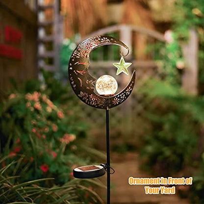 Hapjoy Solar Lights Outdoor Decor Moon Lantern for Patio,Lawn or Pathway Moon Decorations Crackle Glass Globe Stake Metal Lights Waterproof Warm LED Garden Gifts (Bronze)