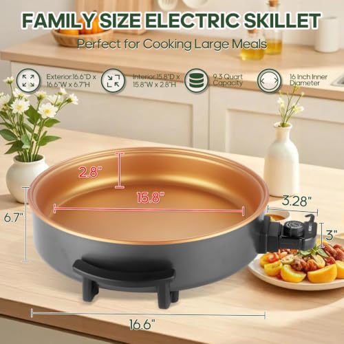 MIOAOTCE 16" Extra Large Electric Skillet with lid, Nonstick Coating Electric Frying Pan, 1500W Quick & Even Heating, 5 Adjustable Temperature Control, Tempered Glass Lid & Cool-Touch Handles