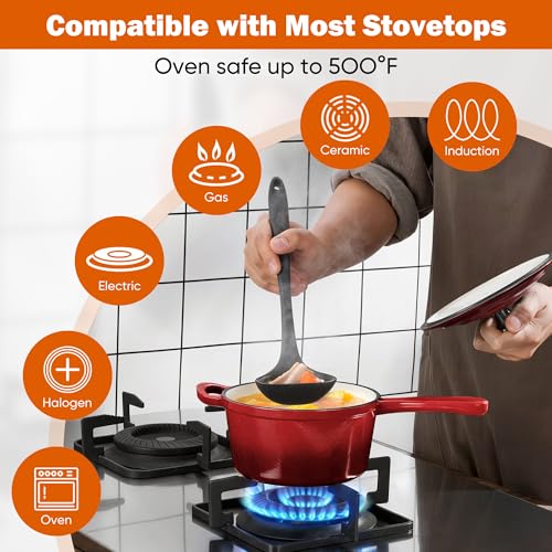 Homikit 1 Quart Saucepan with Lid, Small Enameled Cast Iron Sauce Pan, Enamel Cast Iron Cooking Pot Mini Dutch Oven Kitchen Cookware for Making Pasta, Boiling Soup, Warming Milk, Red