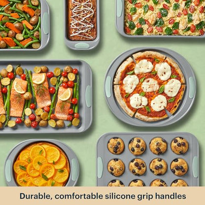 Pyrex 8-Piece Metal Bakeware Set, Lightweight Stainless Steel Baking Trays with Heatsafe Silicone Handles, Cookie & Muffin Sheets, Round/Square Baking Pans, Sage