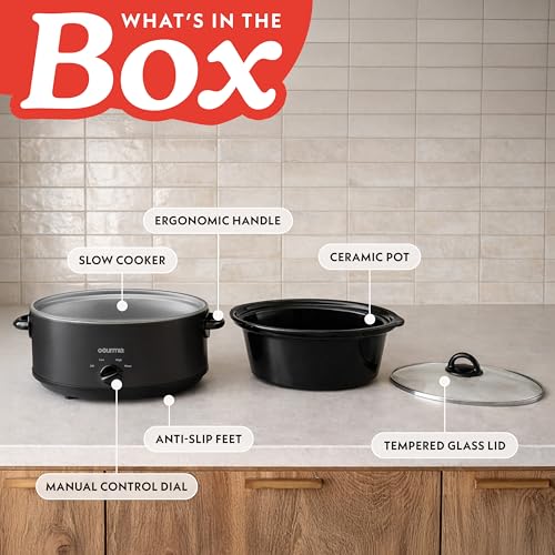 Gourmia Slow Cooker - 6 Quart Removable Ceramic Pot, Manual Controls with 3 Temperature Settings, Dishwasher Safe Crock and Glass Lid, Black