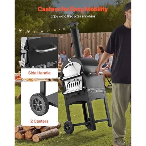 VEVOR Portable Outdoor Oven, 12-inch Stand Pizza Oven with Casters, Pellet & Chips & Charcoal & Firewood Four Fuel, Baked Paint Pizza Grill, Includes Pizza Stone, Pizza Shovel, for Camping & Backyard