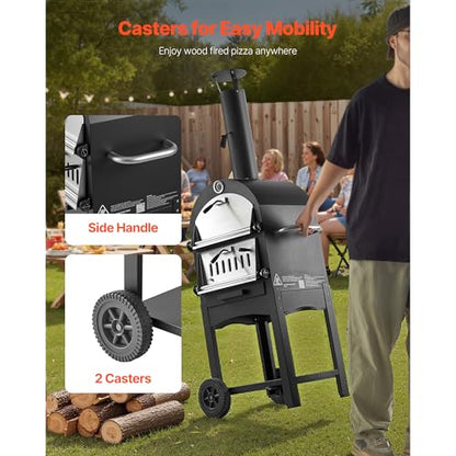 VEVOR Portable Outdoor Oven, 12-inch Stand Pizza Oven with Casters, Pellet & Chips & Charcoal & Firewood Four Fuel, Baked Paint Pizza Grill, Includes Pizza Stone, Pizza Shovel, for Camping & Backyard