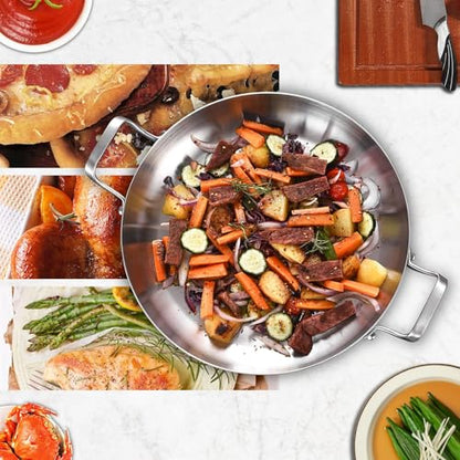 Inqibee 14 Inch Stainless Steel Paella Pan with Lid, Large Frying Pan Skillet with Double Riveted Handles, Wide Shallow Paellera for Stovetop, Induction Compatible, Oven Safe, Dishwasher Safe