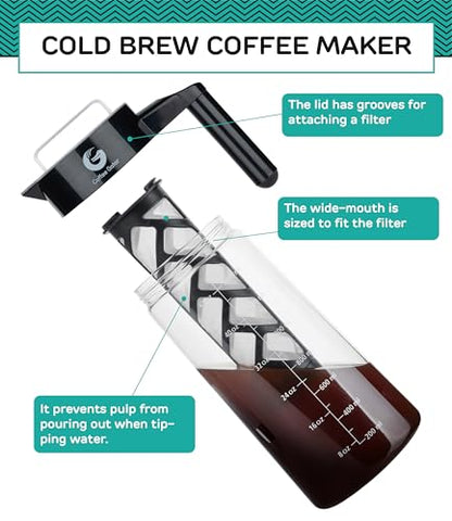 Coffee Gator Cold Brew Coffee Maker - 47 oz Iced Tea and Iced Coffee Maker and Pitcher with Borosilicate Glass Carafe, Filter - Black