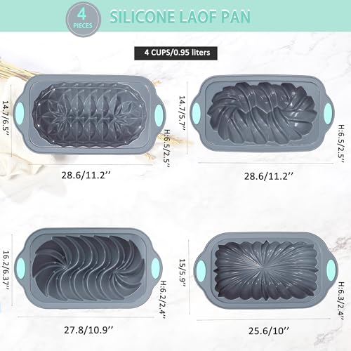 4 Piece Silicone Loaf Pan for Baking Bread, Non-Stick Kitchen Oven Bread Pan, Perfect for Banana Bread, Sandwich Bread, Pound Cake and Meatloaf, 4 Cups, Grey