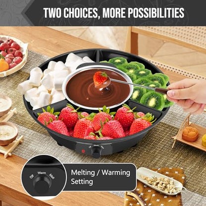 VAlinks Electric Chocolate Melting Pot Chocolate Fondue Pot Set 3-Section Serving Trays with 6pcs Dipping Forks Perfect for Housewarming Christmas Party Gifts (Black)