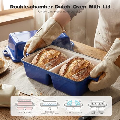 SEFILENCE Double Dutch Oven for Sourdough Bread Baking,Enameled Cast Iron Dutch Oven with Lid,Double-Chamber Square Mini Sourdough Loaf Pan for Homemade Bread,Dark Blue(Patent Has Been Applied for)