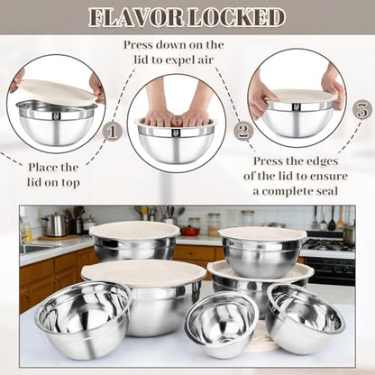 Boskermeal Mixing Bowls with Lids Set - 7PCS Nesting Mixing Bowls, Lids, Stainless Steel Mixing Bowls for Mixing, Baking & Meal Prep, Dishwasher Safe, Size 0.7/1.1/1.5/2.1/3.5/4/4.5 QT, Khaki