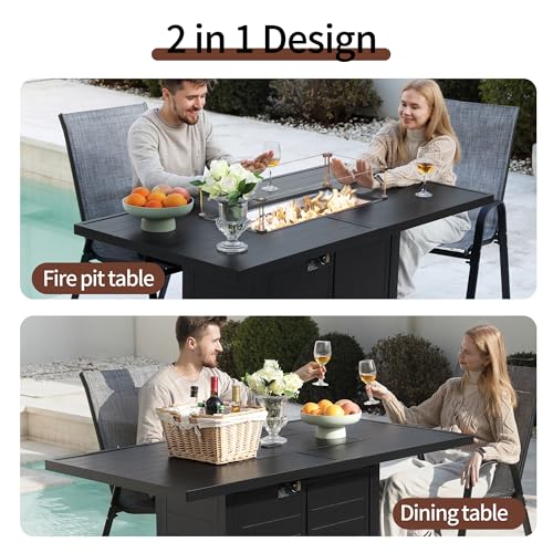 PIZZELLO 7 Pieces Patio Furniture Set w/ 60" Gas Fire Pit Table and 6 Patio Dining Chairs, Outdoor Conversation Set 50,000 BTU Aluminum Propane Fire Pit Stackable Patio Chairs Set of 6 for Backyard