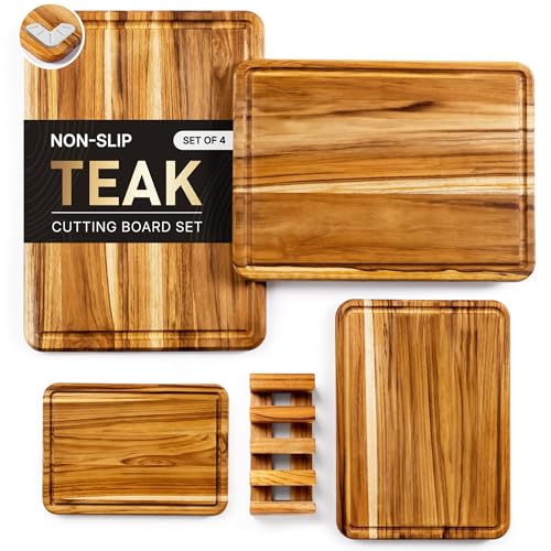 4 Pack Teak Cutting Board Set for Kitchen Heavy Duty Non Toxic Non Slip Solid Thick Wood Haus Chopping Board Extra Large Big Small Meat Best Wooden Charcuterie Board