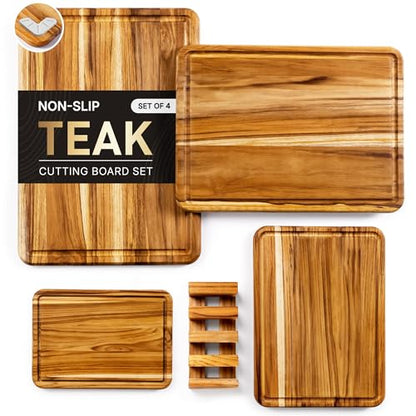 4 Pack Teak Cutting Board Set for Kitchen Heavy Duty Non Toxic Non Slip Solid Thick Wood Haus Chopping Board Extra Large Big Small Meat Best Wooden Charcuterie Board