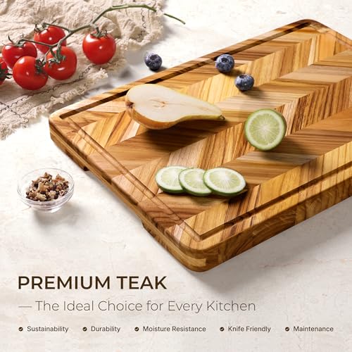 oridom Teak Wood Cutting Board for Kitchen Large End Grain Heavy Duty Checkered Wooden Cutting Board Non Toxic Herringbone Charcuterie Butcher Block Non Slip Hardwood Chopping with Juice Groove Handle