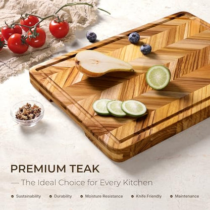 oridom Teak Wood Cutting Board for Kitchen Large End Grain Heavy Duty Checkered Wooden Cutting Board Non Toxic Herringbone Charcuterie Butcher Block Non Slip Hardwood Chopping with Juice Groove Handle