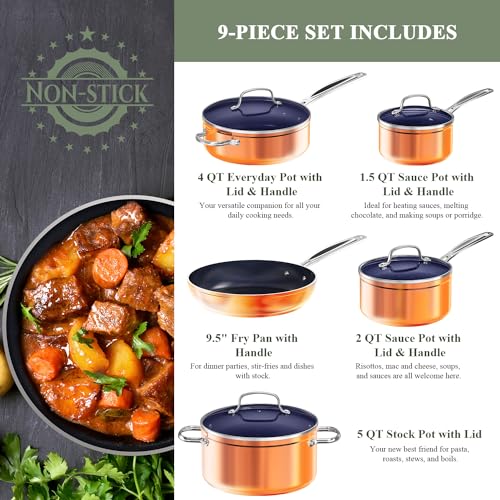 Nuwave 9pc Cookware Set Healthy Duralon Blue Ceramic Nonstick Coated, Diamond Infused Scratch-Resistant, PFAS Free, Oven Safe, Induction Ready & Evenly Heats, Tempered Glass Lids & Stay-Cool Handle
