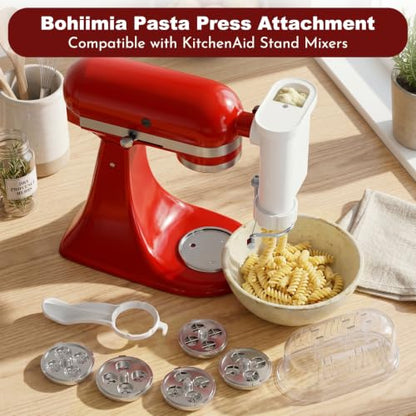 5-in-1 Pasta Press Attachment Compatible with KitchenAid Stand Mixers,Pasta Maker Accessory with 5 Interchangeable Plates for Spaghetti,Bucatini,Fusilli,Large&Small Macaroni,Homemade Pasta Extruder